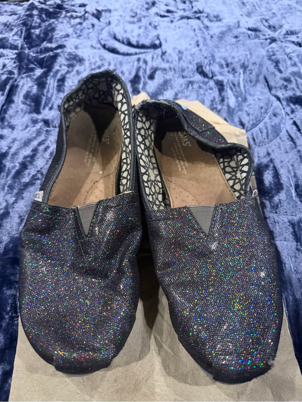 Toms Glitter Slip-On Flats in Black Multi-Color Sparkle